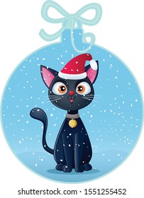 Cute Black Cat in Christmas Ball Holiday Card. Adorable pet animal standing in winter snow with Santa hat

