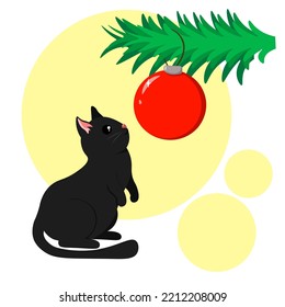 Cute black cat with Christmas tree and red ball