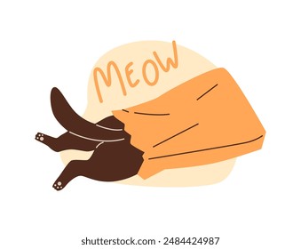 Cute black cat climbs inside the paper bag vector flat illustration. Funny hiding kitten view from the back on tail and paws. Cartoon fluffy feline pet animal playing with package. Meow inscription