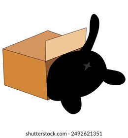 Cute black cat climbs inside the cardboard box.
 flat illustration.  looking out view from the back.