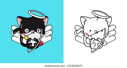 Cute Black Cat Clipart Illustration and Black and White. Funny Cat Art. Vector Illustration of a Kawaii Animal for Coloring Pages, Stickers, Baby Shower, Prints for Clothes.
