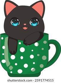 Cute Black Cat In Coffee Mug Vector