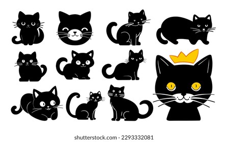 Colección de gatos negros. Caricatura simple. Ilustración vectorial. 