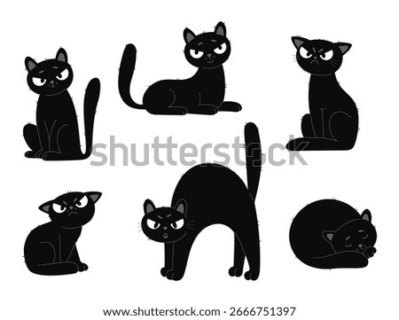 Cute Black Cat Collection. Isolated Funny Cartoon Pet on White Background. Vector illustration in flat style. Not AI
