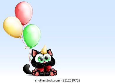 Cute black cat with colored balloons and golden cap on the light blue background. Birthday card