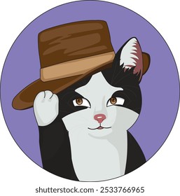 Cute black cat with cowboy hat logo sticker