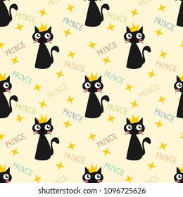 Cute black cat and crown seamless pattern