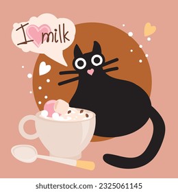 Un gato negro y una taza de café. Ilustración vectorial.