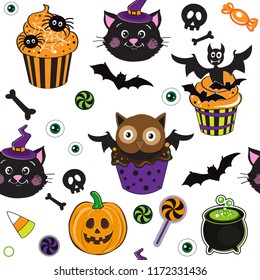 Cute black cat, cupcake for halloween, pumpkin, candy seamless pattern on Halloween on a white background