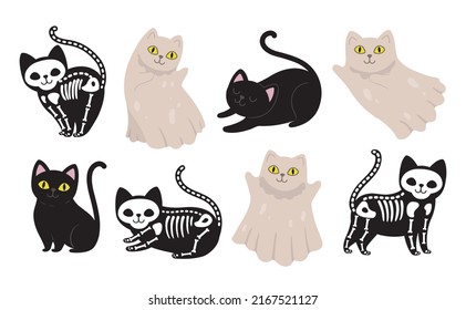 Cute black cat. Dead kitten, funny halloween ghost and skeleton in different poses. Bad luck cats vector set of halloween kitten pet, animal cute ghost illustration