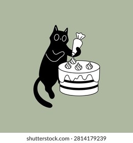 Cute black cat decorating a cake with icing vector illustration