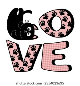 Cute black cat and decorative letters in word love, isolated on white background, stickers, design elements, vector illustration.