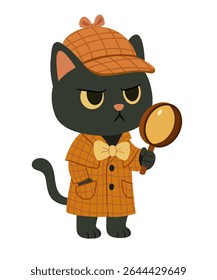 Cute black cat detective character in a checkered coat and matching deerstalker hat, holding a magnifying glass with a serious expression. This adorable cartoon illustration is perfect for 
