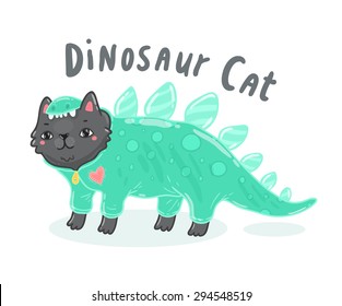 Cute black cat in dinosaur suit. Vector animal clip art.