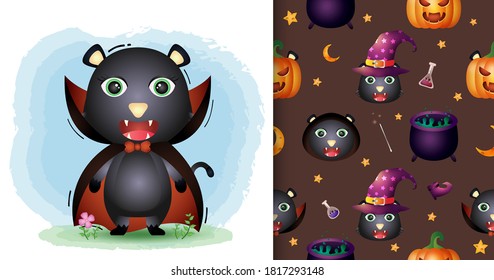 a cute black cat with dracula costume halloween character collection. seamless pattern and illustration designs