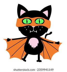 Cute black cat dressed as a bat, vampire, batman. Happy Halloween sticker of ghoul. holiday clipart count dracula