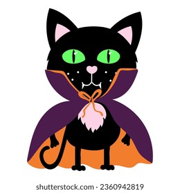 Cute black cat dressed as a bat, vampire. Happy Halloween sticker of ghoul. holiday clipart count dracula