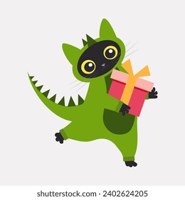 A cute black cat is dressed in a dragon costume and holds a box of gifts in his paws. Vector.