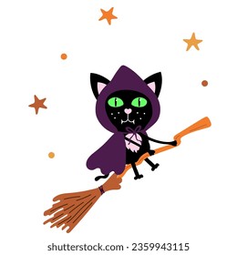 Cute black cat dressed as a witch. Happy Halloween sticker. holiday clipart with cat flying on a broom in the night sky