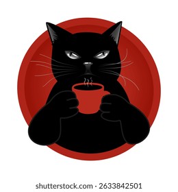 Cute Black Cat Drinking Hot Coffee, Cartoon Vector for Cafe Decor and Mugs