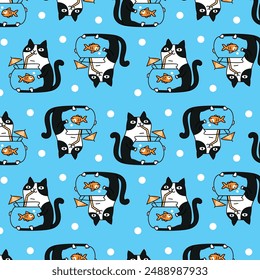 CUTE BLACK CAT IS DRINKING WATER FROM A VAS PATTERN DESIGN