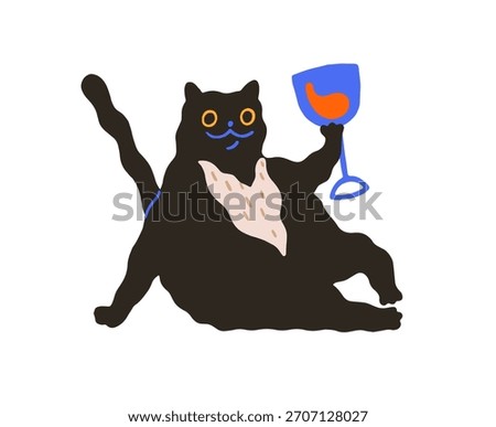Cute black cat drinks glass of wine. Funny kitty sits and holds wineglass. Naughty pet, domestic animal with alcohol beverage. Flat hand drawn isolated vector illustration on white background