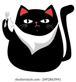 Cute black cat eating on a fork with appetite