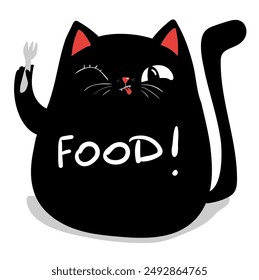 Süße schwarze Katze, die auf einer Gabel mit Appetit isst, Essen, lecker