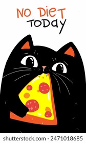 Cute black cat eating pizza, cartoon vector illustration. Hand drawn art illustration in cartoon, doodle style for greeting card, poster, banner. black sarcastic cat