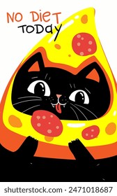 Cute black cat eating pizza, cartoon vector illustration. Hand drawn art illustration in cartoon, doodle style for greeting card, poster, banner. black sarcastic cat