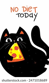 Cute black cat eating pizza, cartoon vector illustration. Hand drawn art illustration in cartoon, doodle style for greeting card, poster, banner. black sarcastic cat