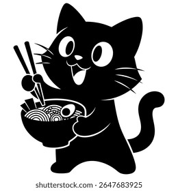 Cute Black Cat Eating Ramen Noodles with Chopsticks – Kawaii Cartoon Character for Asian Food and Japanese Cuisine Designs