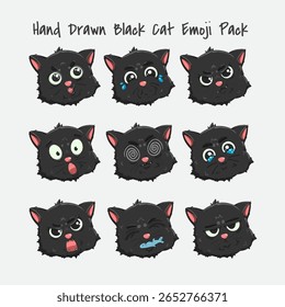 Cute black cat emoji set with 9 kawaii expressions. Flat colorful vector illustration for stickers, icons, pet designs, and children’s clipart