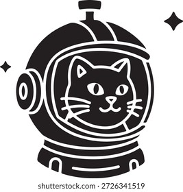 Un lindo gato negro Explore el cosmos desde el interior de su casco de astronauta aislado en el fondo blanco