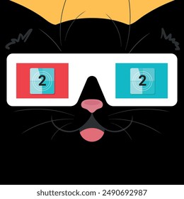 Cute black cat face in 3d glasses close up. Cat watching a movie. Cute cartoon character. Vector illustration