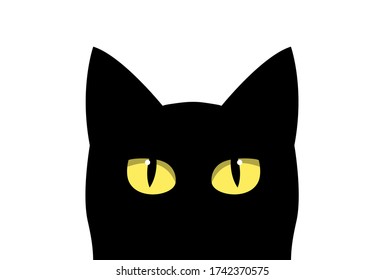 Cute black cat face with big eyes peeking silhouette. Vector illustration.