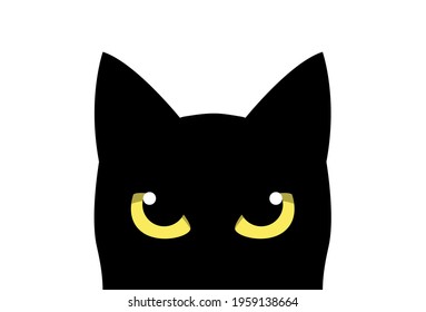 Cute black cat face with big eyes peeking silhouette. Vector illustration.