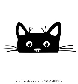 Cute black cat face with big eyes and moustache peeking silhouette. Vector illustration.