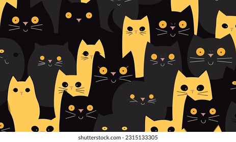 Cute black cat face with big eyes pattern background 02