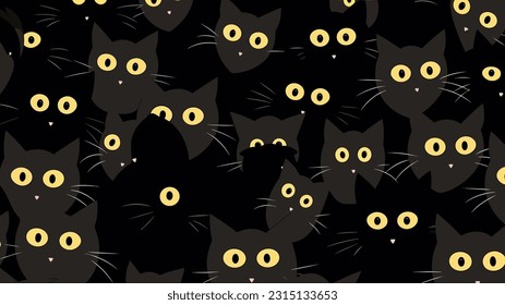 Cute black cat face with big eyes pattern background 04