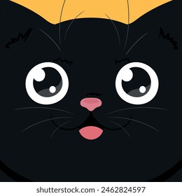 Cute black cat face close up. Happy cat background. Cute cartoon character. Vector illustration