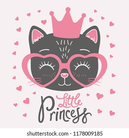 Cute Black Cat Face With Crown, Pink Heart Glasses. Little Princess Slogan