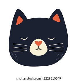 Cute black cat face flat icon Funny pet sleeping