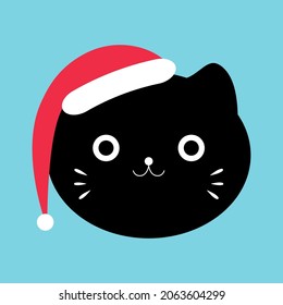 Cute black cat face. 
Funny animal in Santas hat. Cartoon vector illustration