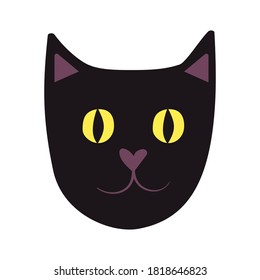 Cute black cat face isolated. Vector design element, black cat haluin icon. Cute and funny animal with green eyes on a white background. Flat cat face for stickers, social media, flyers, banners