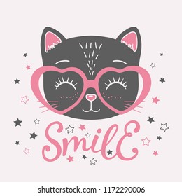 Cute black cat face with pink heart glasses. Smile slogan. Vector illustration for children print design, kids t-shirt, baby wear