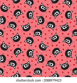 Reine schwarze Katzengesicht und rote Herzen Cartoon nahtlose Muster. Vektorgrafik.