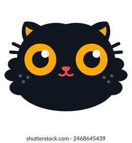 Cute black cat face vector cartoon character isolated on a white background.