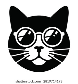 Cute black cat face wearing round spectacles isolated on white. Hipster pet concept with whiskers and nose. Ideal for stickers, logos, web design, and branding.