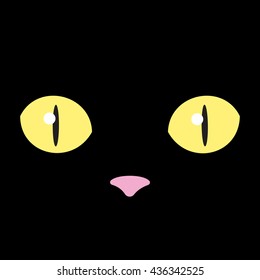 Cute black cat face with yellow eyes and rose nose in the square. Vector illustration.